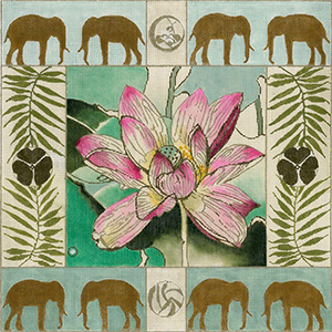 Lotus and Elephants - Hand Painted Needlepoint Canvas by Joy Juarez
