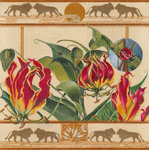 African Gloriosa Lily with Lions - Hand Painted Needlepoint Canvas by Joy Juarez 18 count