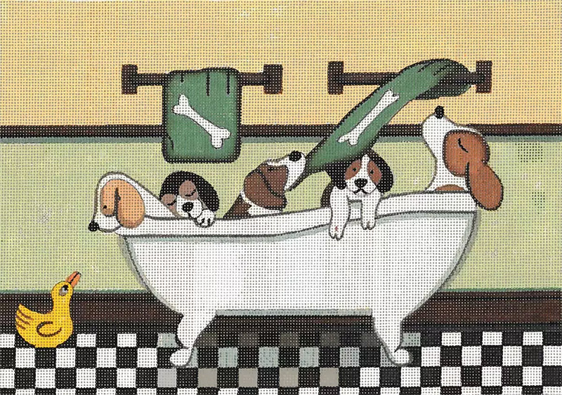 Beagles Fill the Tub Hand Painted Needlepoint Canvas from Cindi Lynch