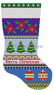 Susan Roberts Needlepoint Designs - Hand-painted Christmas Stocking - Bold Stripe Poinsettias and Ornaments Stocking