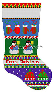 Susan Roberts Needlepoint Designs - Hand-painted Christmas Stocking - Bold Stripe Snowman, Hats and Mittens Stocking
