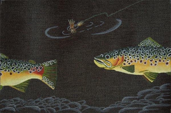 Brown Trout and Dry Fly - Hand Painted Needlepoint Canvas from dede's Needleworks