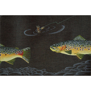 Brown Trout and Dry Fly - Hand Painted Needlepoint Canvas from dede's Needleworks