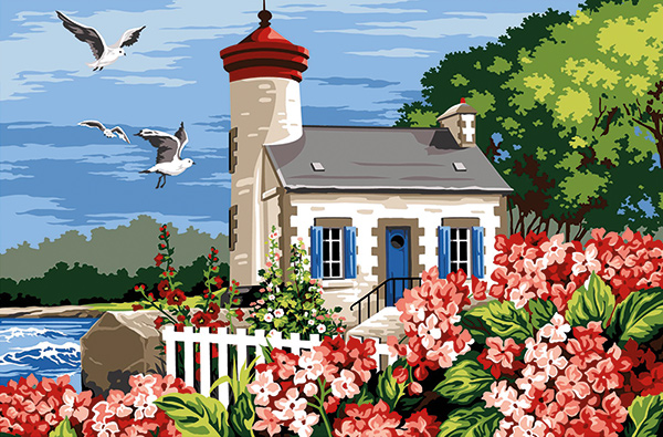 Margot Creations de Paris Needlepoint - Tapestries - Lighthouse with Hydrangeas (Phare aux Orthensias)