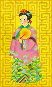 Chinese Lady with Fan - Hand Painted Needlepoint Canvas from dede's Needleworks