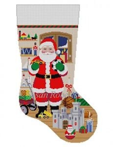 Susan Roberts Needlepoint Designs - Hand-painted Christmas Stocking - Santa with Castle, Boy Toys