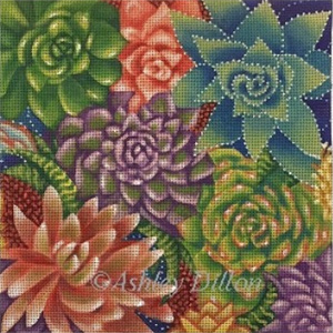 Succulents Hand Painted Needlepoint Canvas by Ashley Dillon