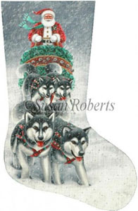 Sled Dog Santa Hand Painted Needlepoint Stocking Canvas