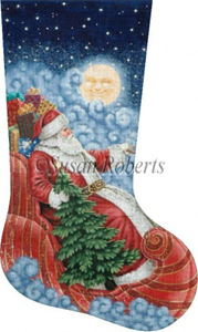 Moonlight Santa - 18 Count Hand Painted Needlepoint Stocking Canvas
