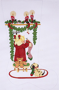Girl on Stool Hanging Stocking w/bear & Candles & holly Hand-painted Christmas Stocking Canvas