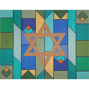 Geometric Background in Blue & Greens Needlepoint Tallis Canvas
