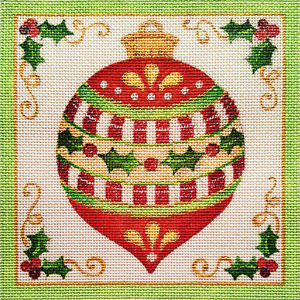 Holly and Red Christmas Ornament Hand Painted Needlepoint Canvas from Laurie Furnell