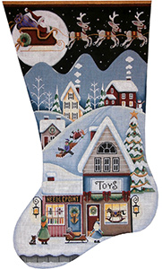 Toy Shop Village Hand Painted Stocking Canvas from Rebecca Wood