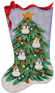 Snowman Tree Hand Painted Stocking Canvas from Rebecca Wood