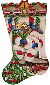 Out of the Fireplace (Firetruck) Hand Painted Stocking Canvas from Rebecca Wood