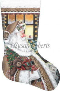 Santa on the Job - 18 Count Hand Painted Needlepoint Stocking Canvas