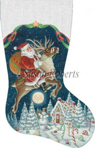 Santa on Reindeer Hand Painted Needlepoint Stocking Canvas