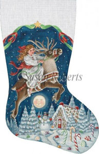 Girl on Reindeer Hand Painted Needlepoint Stocking Canvas