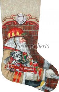 Fireman Santa Hand Painted Needlepoint Stocking Canvas